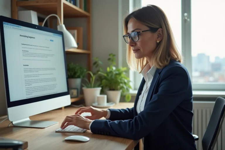 Femme professionnelle consultant une plateforme de courtage immobilier en ligne dans un bureau moderne à domicile