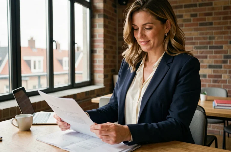 Femme entrepreneur belge analysant son plan d'affaires dans un espace de coworking moderne à Bruxelles