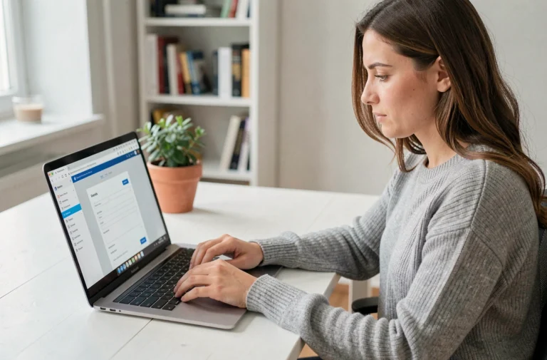Femme remplissant un formulaire PDF en ligne sur un ordinateur portable dans un bureau à domicile moderne