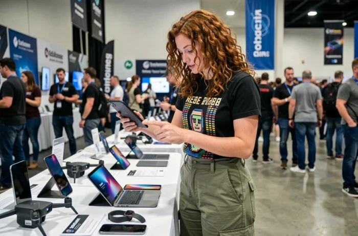Jeune femme explorant les derniers gadgets high-tech lors d'un salon de technologie
