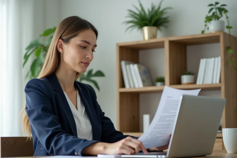 Femme consultant sa mutuelle santé sur un ordinateur portable dans un bureau moderne à domicile
