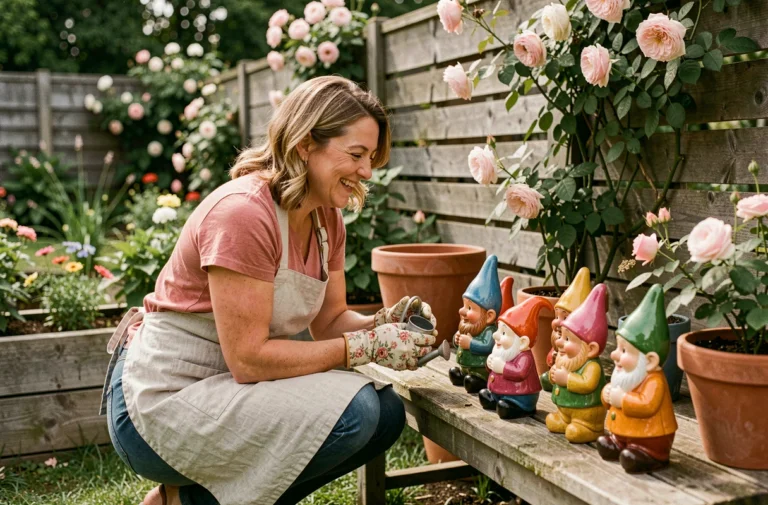 Femme souriante dans un jardin entourée de nains de jardin colorés en céramique sur un banc en bois