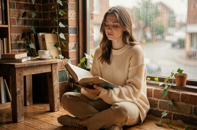 Jeune femme rêveuse lisant un livre dans un coin lecture cosy avec fenêtre pluvieuse et décor chaleureux
