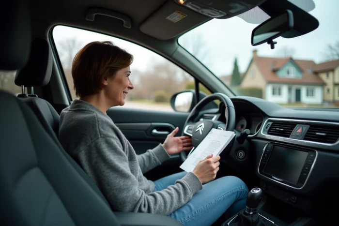 Femme consultant le manuel du propriétaire de sa Citroën C5 pour comprendre comment effacer le voyant de service