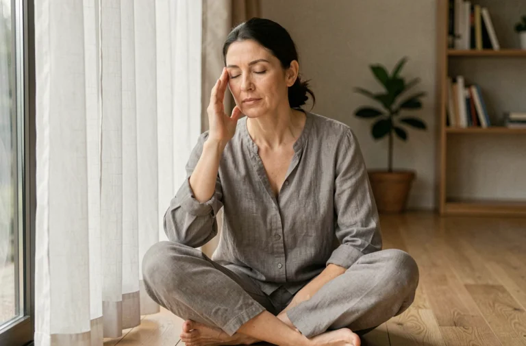Femme en méditation touchant le côté gauche de sa tête, symbolisant la douleur et la signification spirituelle