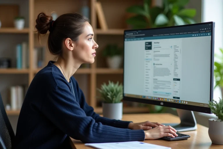 Femme naviguant sur un site web complet depuis son bureau à domicile, explorant les rubriques et menus de navigation