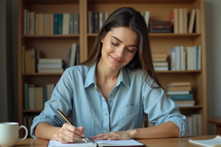 Femme notant une nouvelle adresse dans un carnet d'adresses posé sur un bureau en bois à domicile