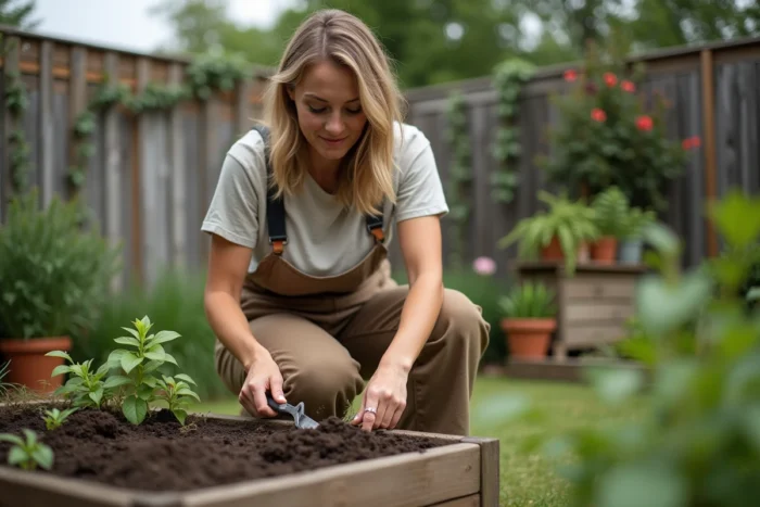 Femme en tenue de jardinage comparant des outils de jardinage près d'un potager surélevé en bois