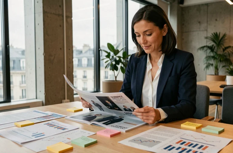Femme professionnelle analysant un magazine business avec des rapports de tendances marché sur une table de conférence moderne à Paris