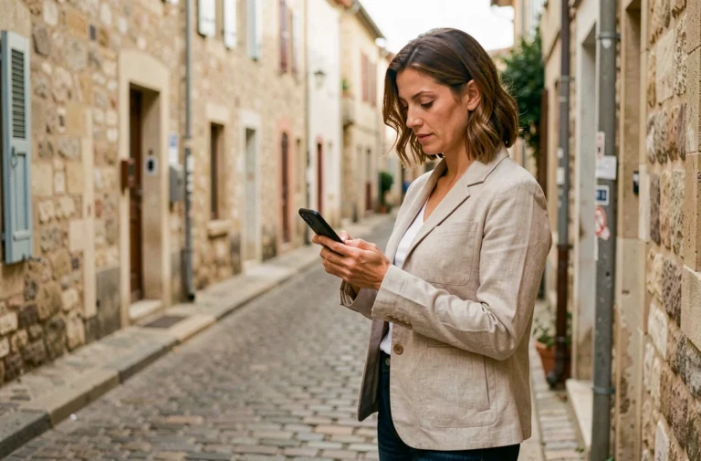 Femme consultant son smartphone dans une rue calme d'Avant Seyne pour trouver une pharmacie rapidement