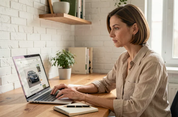 Femme consultant des annonces de voitures d'occasion sur un ordinateur portable dans un bureau à domicile moderne