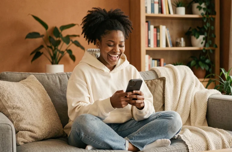 Jeune femme riant devant son smartphone sur un canapé, illustrant la viralité d'un mot sur les réseaux sociaux