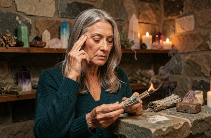 Femme âgée pratiquant un rituel spirituel touchant le côté gauche de la tête entourée de cristaux et de sauge