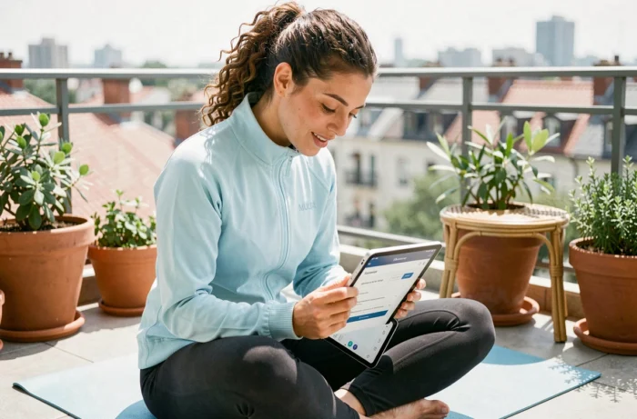 Femme sur un balcon consultant une plateforme de bien-être en ligne via une tablette après une séance de yoga