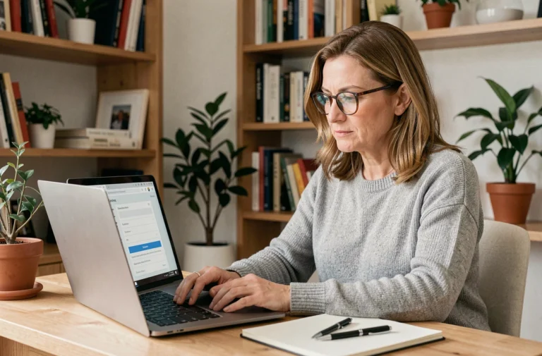 Femme utilisant un ordinateur portable pour télécharger Mon Proxima et gérer une tutelle en toute sécurité depuis son bureau à domicile