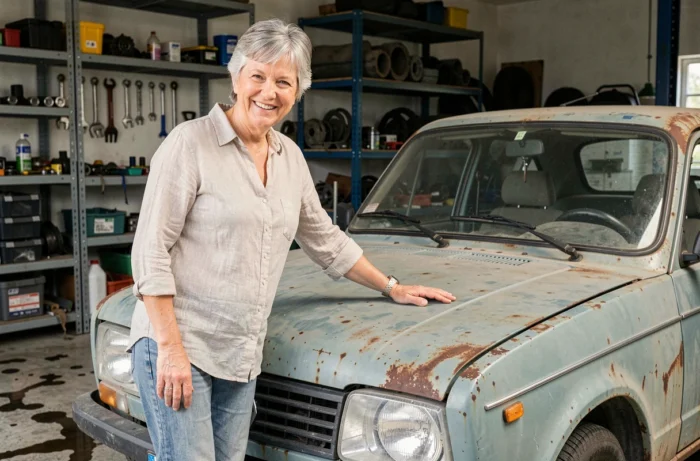 Femme d'âge mûr posant affectueusement avec une vieille Renault 4 dans un garage, évoquant le surnom affectif Titine