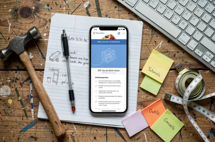 Vue de dessus d'un bureau de bricoleur avec smartphone affichant un wireframe de site web bricolage, cahier de notes, outils et post-it organisés sur une table en bois