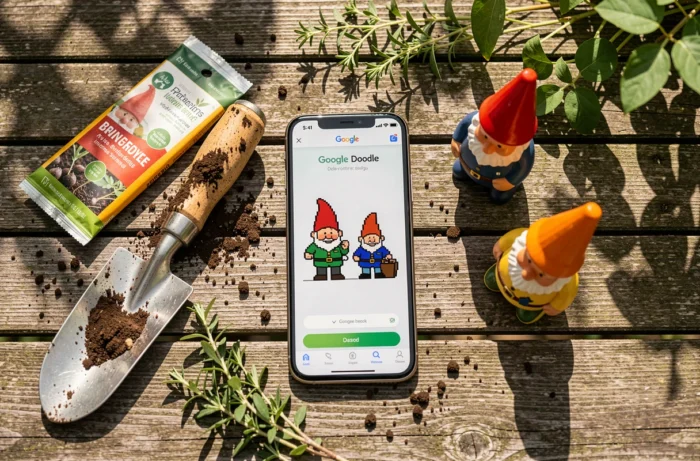 Flatlay avec smartphone affichant un jeu Google Doodle nain de jardin entouré d'accessoires de jardinage sur une table en bois