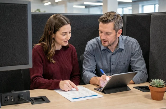 Deux collègues discutant d'une liste de contrôle de cybersécurité dans un espace de coworking semi-privé pour protéger leurs données