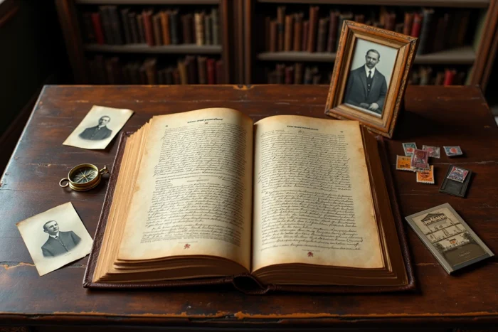 Livre généalogique ancien ouvert avec des inscriptions cyrilliques et des photographies de famille, évoquant les origines russes et l'histoire familiale de Vladimir Boudnikoff