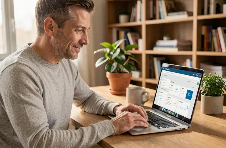 Homme gérant son assurance auto en ligne depuis son bureau à domicile sur un ordinateur portable