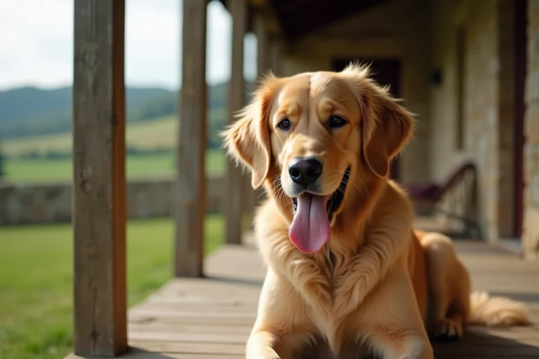 Golden Retriever adulte assis sur le porche d'une ferme bourguignonne avec les collines verdoyantes en arrière-plan