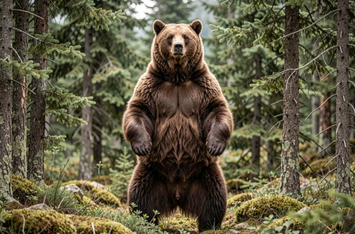 Grizzly debout en forêt montrant sa taille impressionnante sur ses pattes arrières