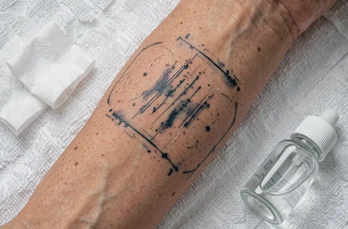 Gros plan d'un stencil de tatouage en cours de retrait sur un avant-bras posé sur une serviette blanche