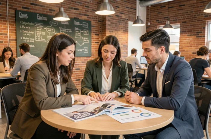 Groupe de collègues discutant des tendances du marché 2024 autour d'un magazine business dans un espace de coworking
