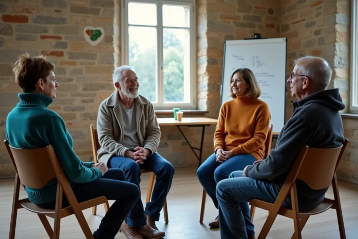Groupe de parole pour personnes en situation d'addiction dans une salle communautaire bretonne