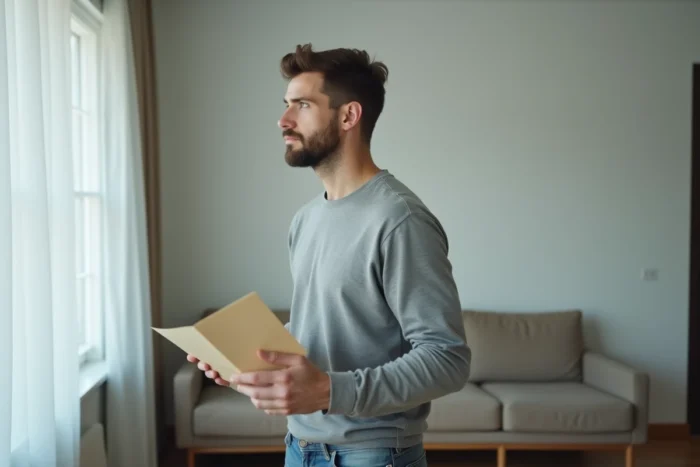 Homme adulte tenant une enveloppe dans un appartement minimaliste symbolisant une décision de rupture familiale