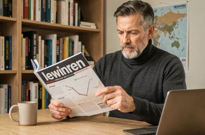 Homme d'affaires concentré lisant un magazine business avec infographies de tendances économiques dans un bureau à domicile