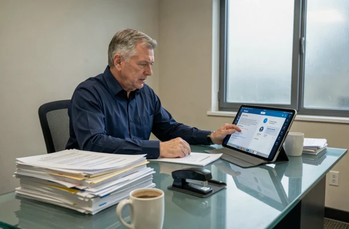 Homme consultant l'application Mon Proxima sur une tablette dans un bureau administratif pour la gestion sécurisée d'une tutelle