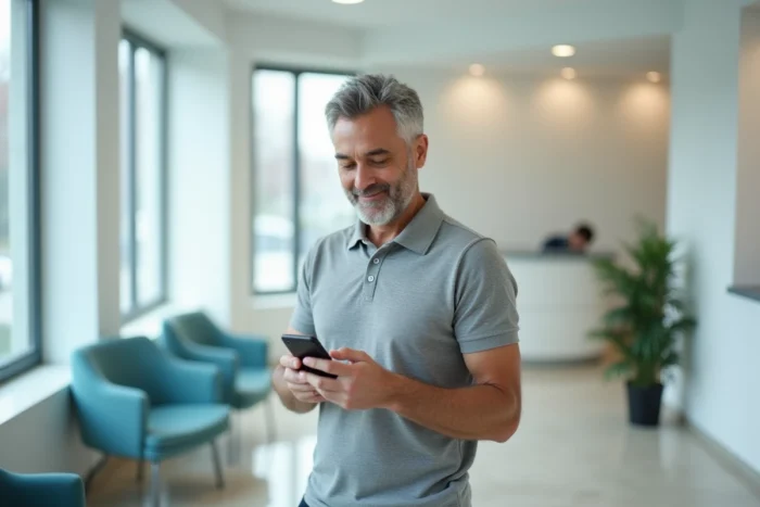 Homme utilisant une application de gestion de mutuelle santé dans une salle d'attente médicale