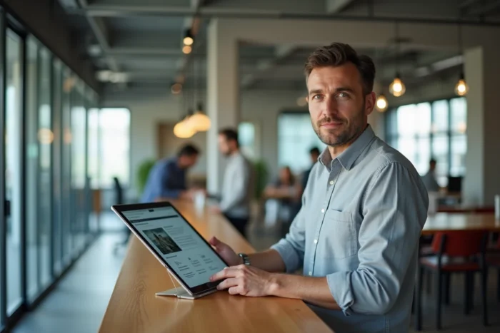 Homme consultant un site web sur tablette dans un espace de coworking moderne, explorant la structure et les rubriques du site
