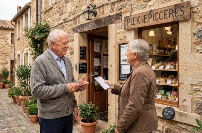 Homme âgé demandant des indications pour trouver une pharmacie dans un village provençal proche d'Avant Seyne