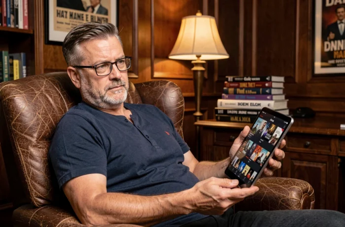 Homme d'âge mûr consultant des recommandations de séries sur une tablette dans un bureau à domicile