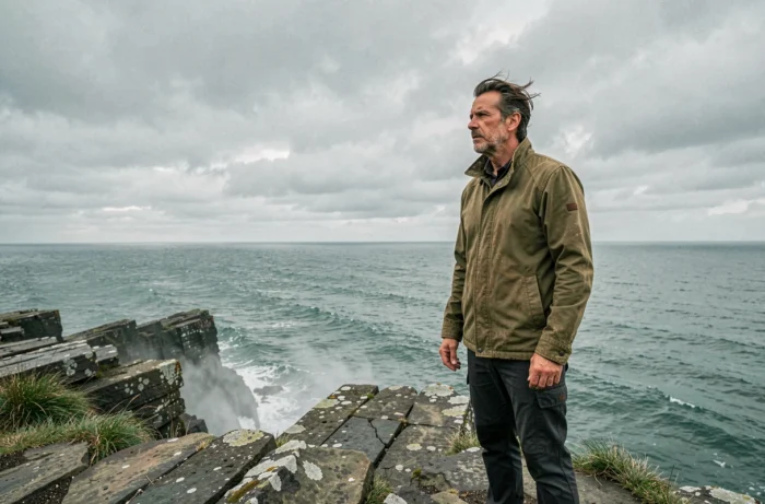 Homme contemplant l'horizon depuis une falaise côtière sauvage, symbole d'évasion et de liberté
