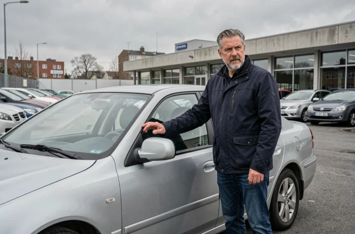 Homme inspectant une voiture d'occasion dans un parc automobile de concessionnaire en plein air