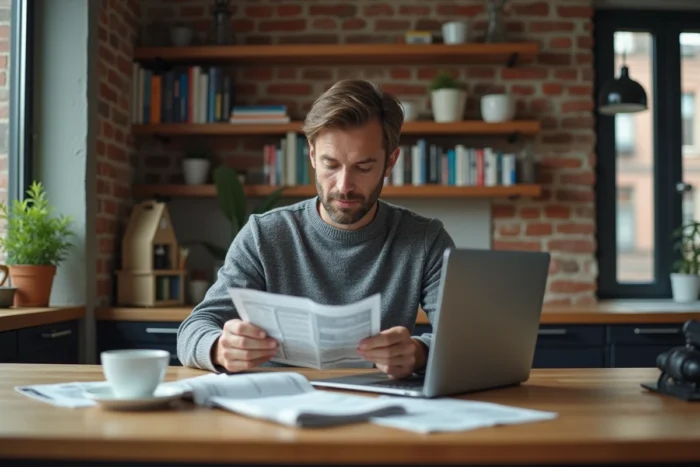 Homme consultant son portefeuille d'investissement sur tablette et ordinateur portable à domicile