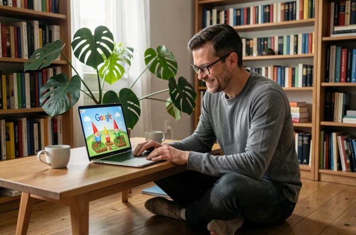Homme jouant au jeu Google Doodle nain de jardin sur un ordinateur portable dans un bureau à domicile