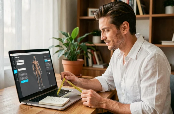 Homme mesurant sa morphologie avec un mètre ruban et visualisant son corps en 3D sur un ordinateur portable