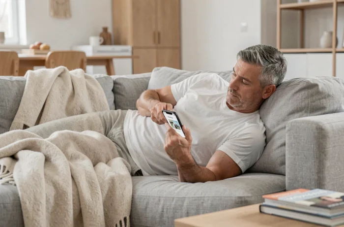 Homme allongé sur un canapé consultant un site de centre de bien-être sur son smartphone