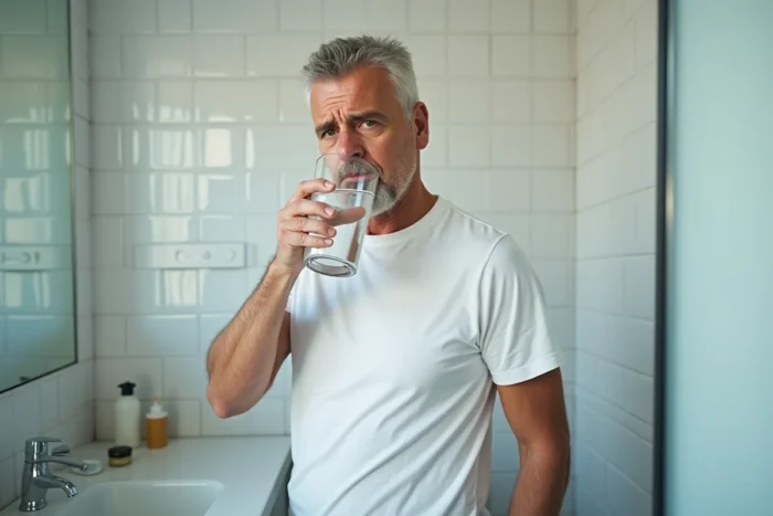 Homme fatigué buvant un grand verre d'eau dans une salle de bain, soif excessive comme symptôme précoce du diabète