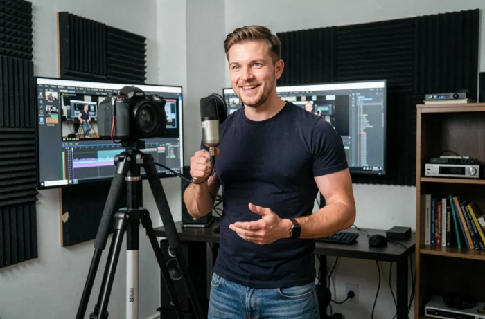 Homme en studio d'enregistrement maison tenant un microphone devant une caméra sur trépied pour créer du contenu YouTube