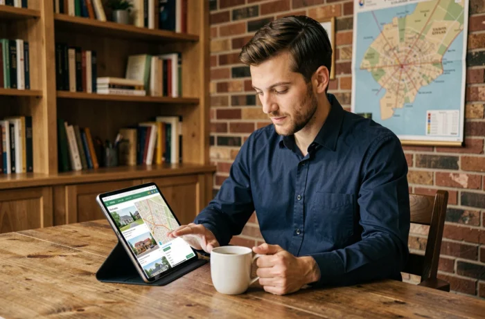 Homme utilisant une tablette pour rechercher des annonces immobilières en ligne dans un bureau à domicile