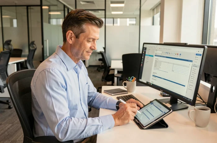 Homme professionnel utilisant une tablette pour compléter un formulaire PDF en ligne dans un bureau en open space
