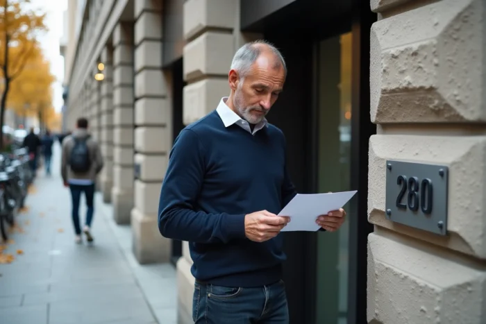 Homme vérifiant une adresse imprimée devant l'entrée d'un immeuble urbain moderne