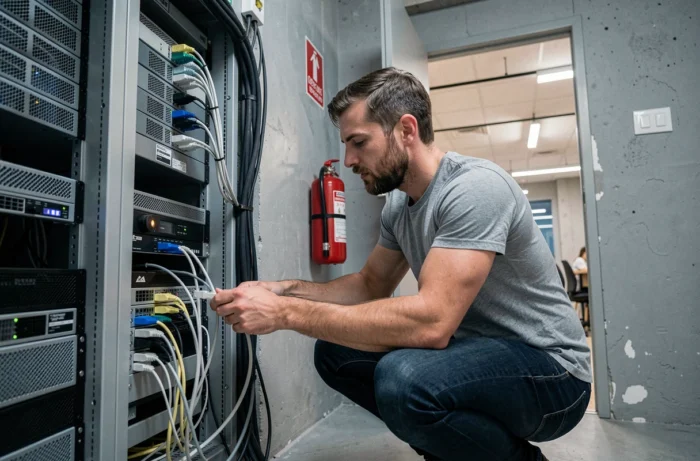 Technicien réseau installant et sécurisant l'infrastructure réseau dans la salle serveur d'un espace de coworking