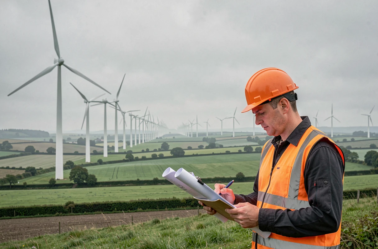 Ingénieur inspectant un parc éolien symbolisant la transition énergétique et la croissance économique durable